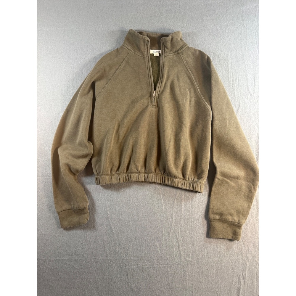 Garage Women Olive Green Cropped Quarter Zip Sweatshirt Fleece Pullover Small